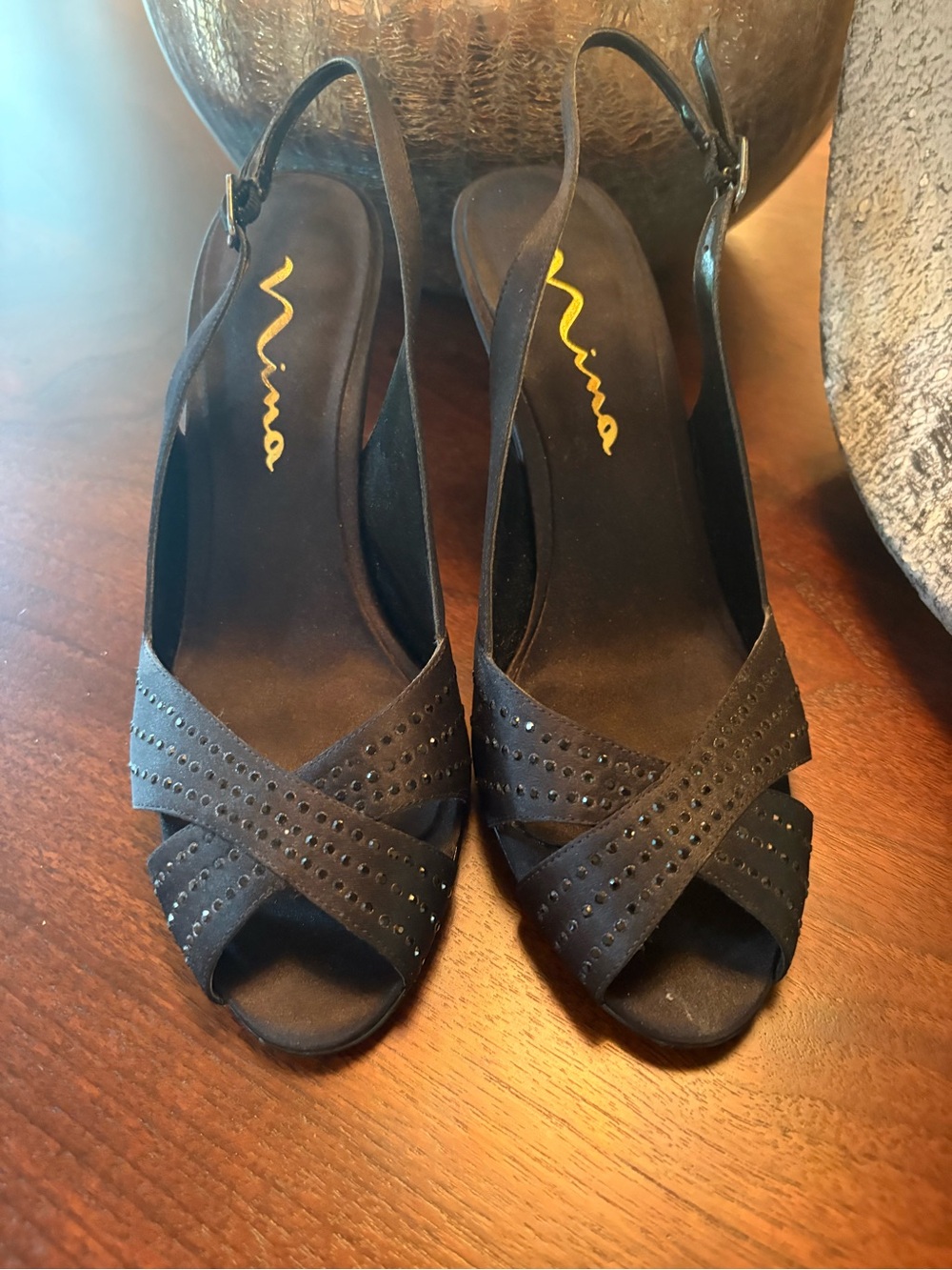 Nina Black Crisscross Slingback Peep-Toe Heels